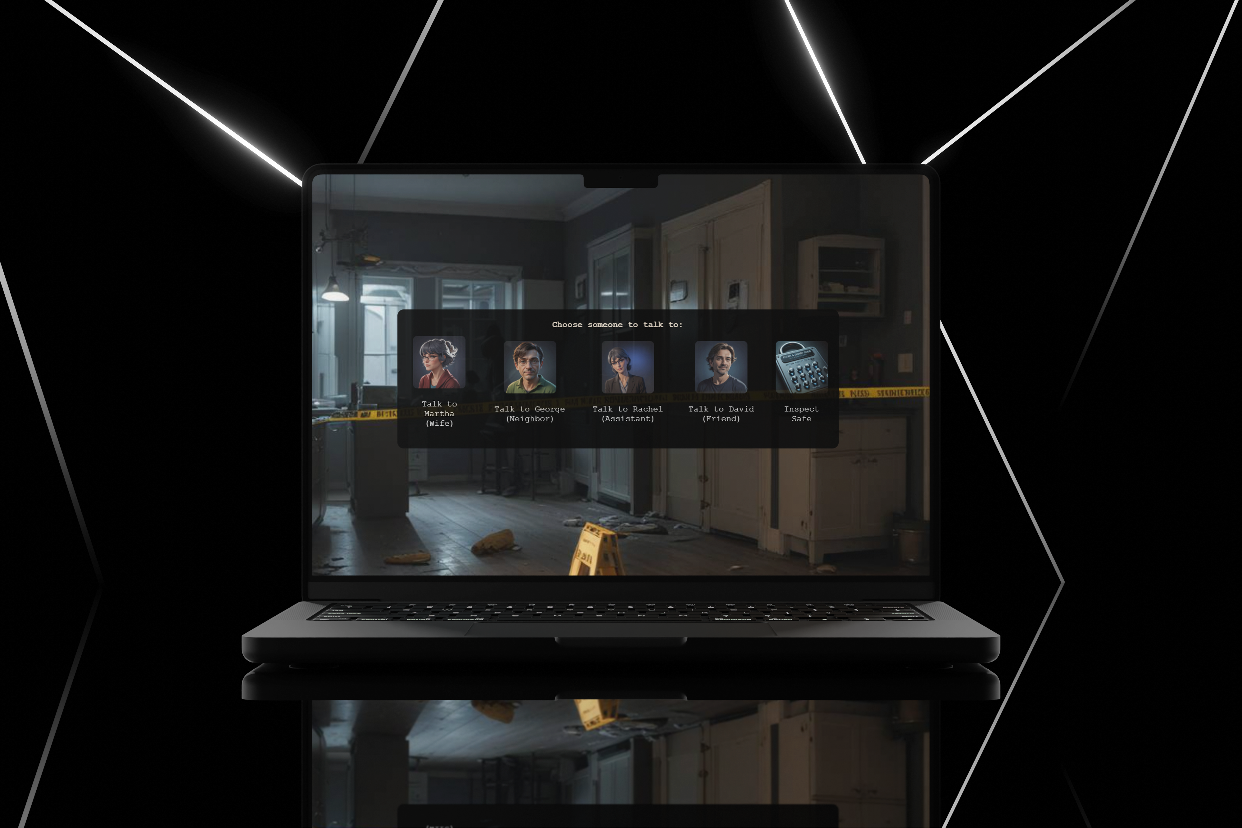 Murder Mystery browser game dialogue and investigation interface