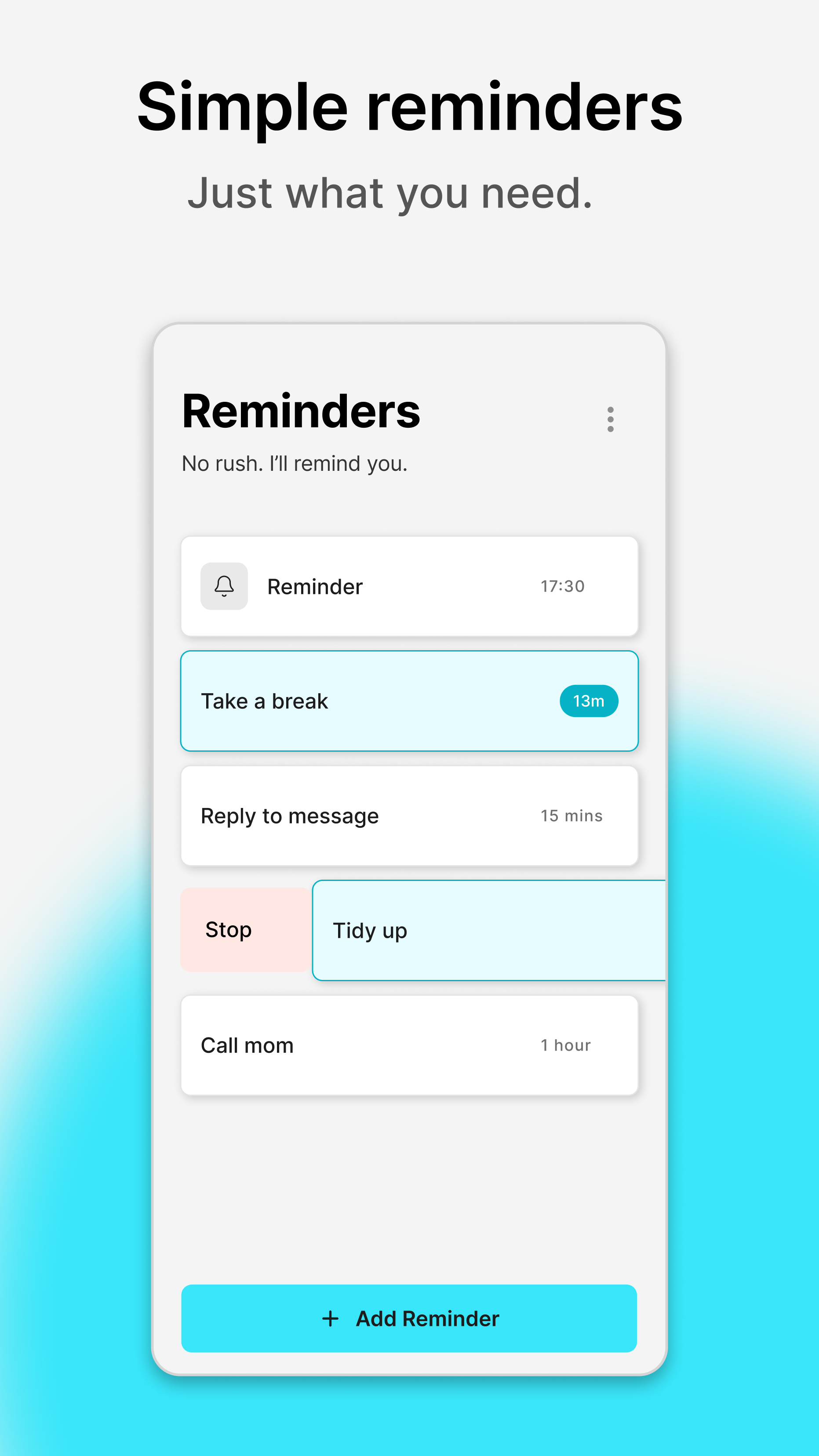 Soonish home screen with quick reminder tiles and active reminders