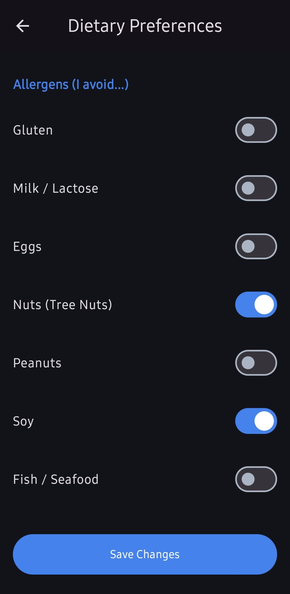 Stockt dietary preferences configuration screen