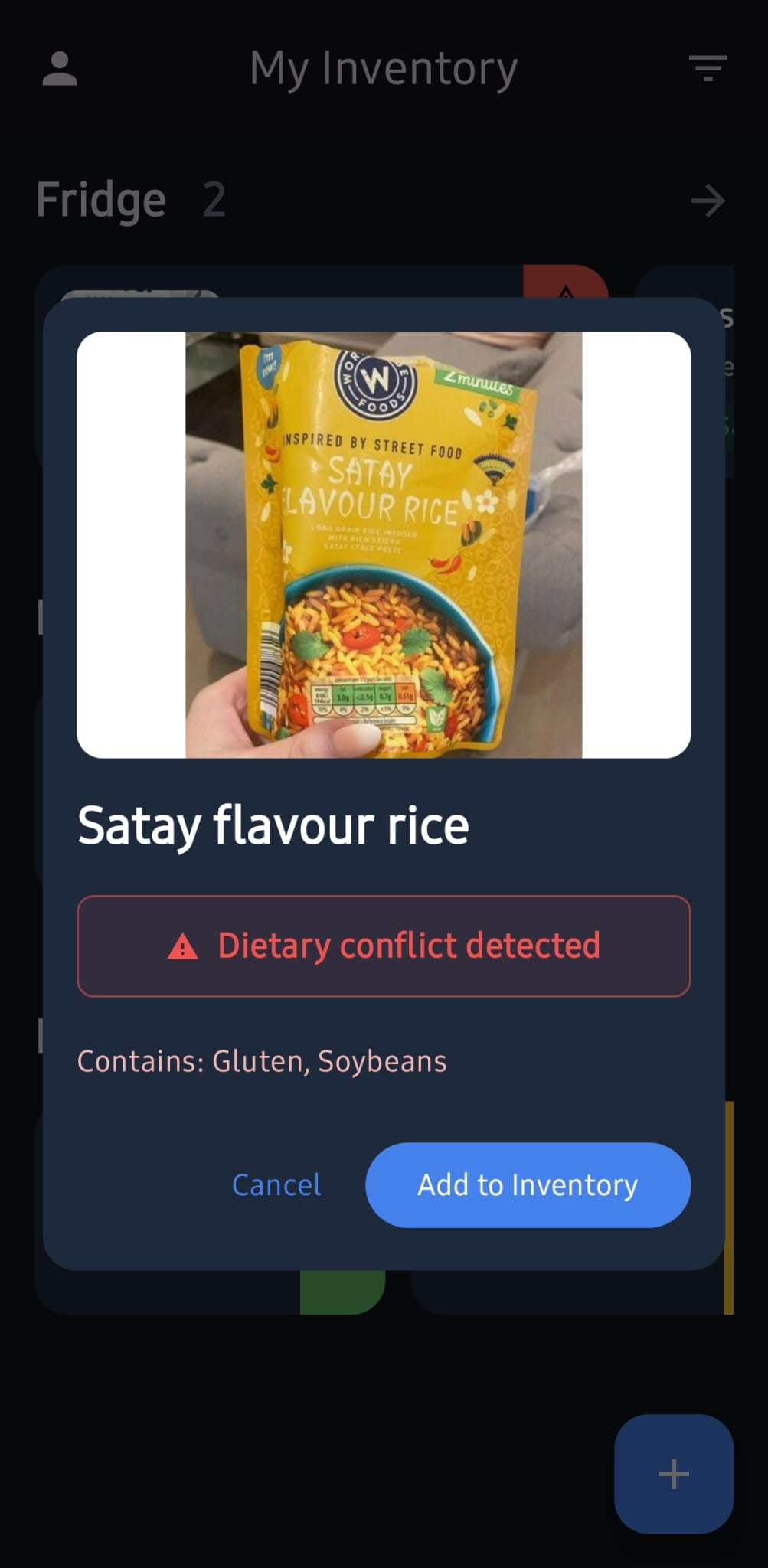 Barcode scanning result showing dietary conflict detection and option to add item