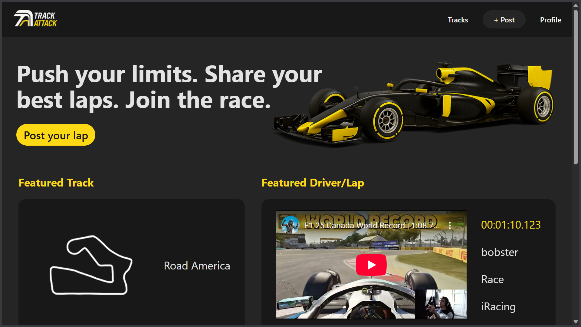 TrackAttack homepage showing recent lap submissions and navigation