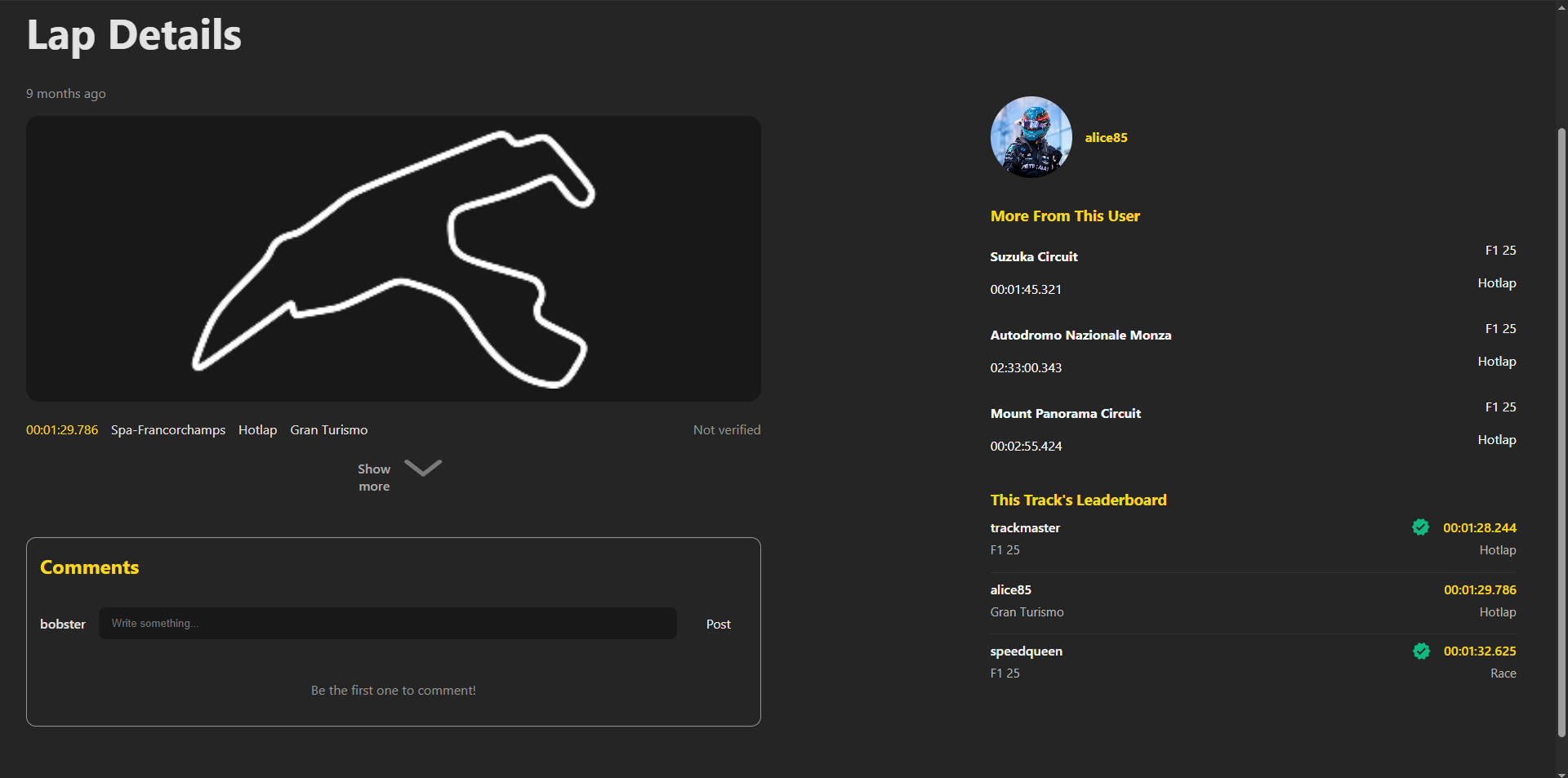 TrackAttack lap detail view showing lap time, track, car, driver, and comments section