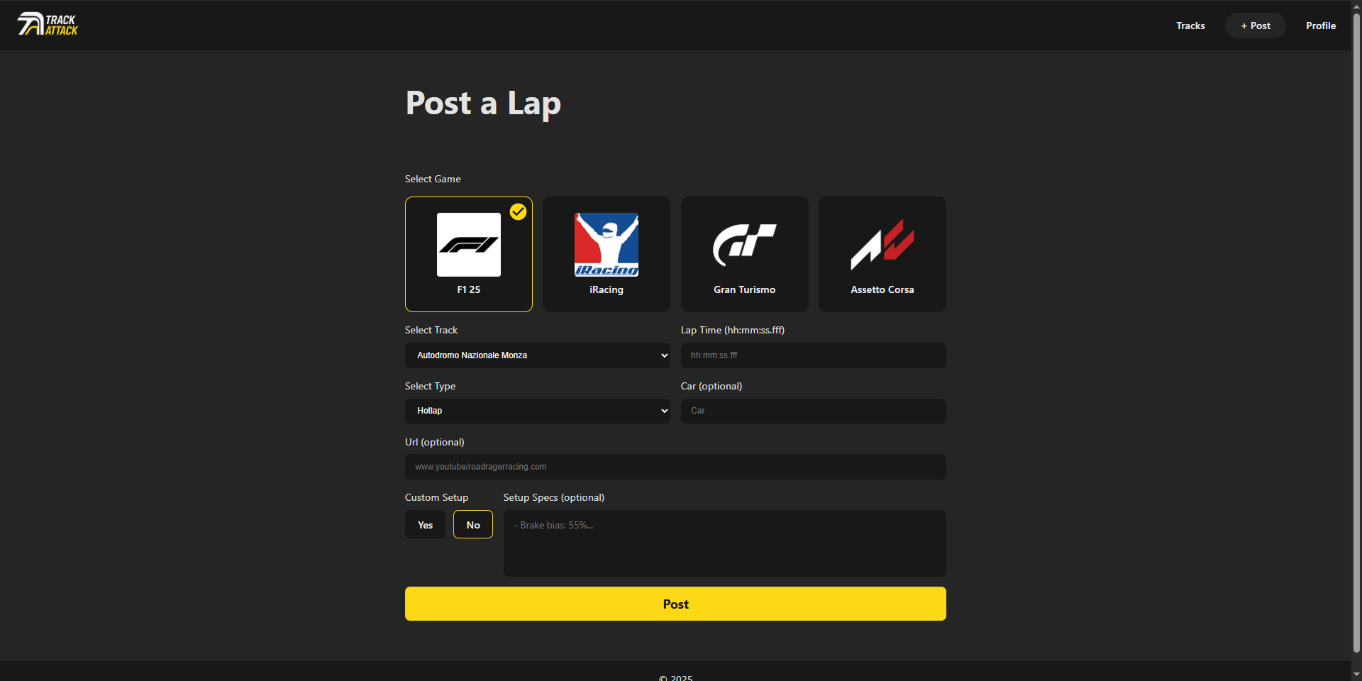 TrackAttack lap submission form with fields for track, car, lap time, and video proof