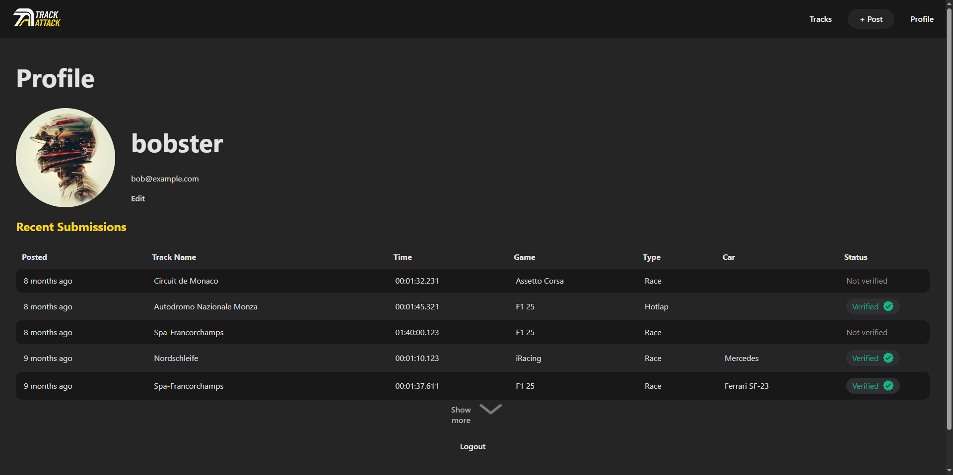 TrackAttack profile page showing user information and list of submitted laps with associated tracks and cars