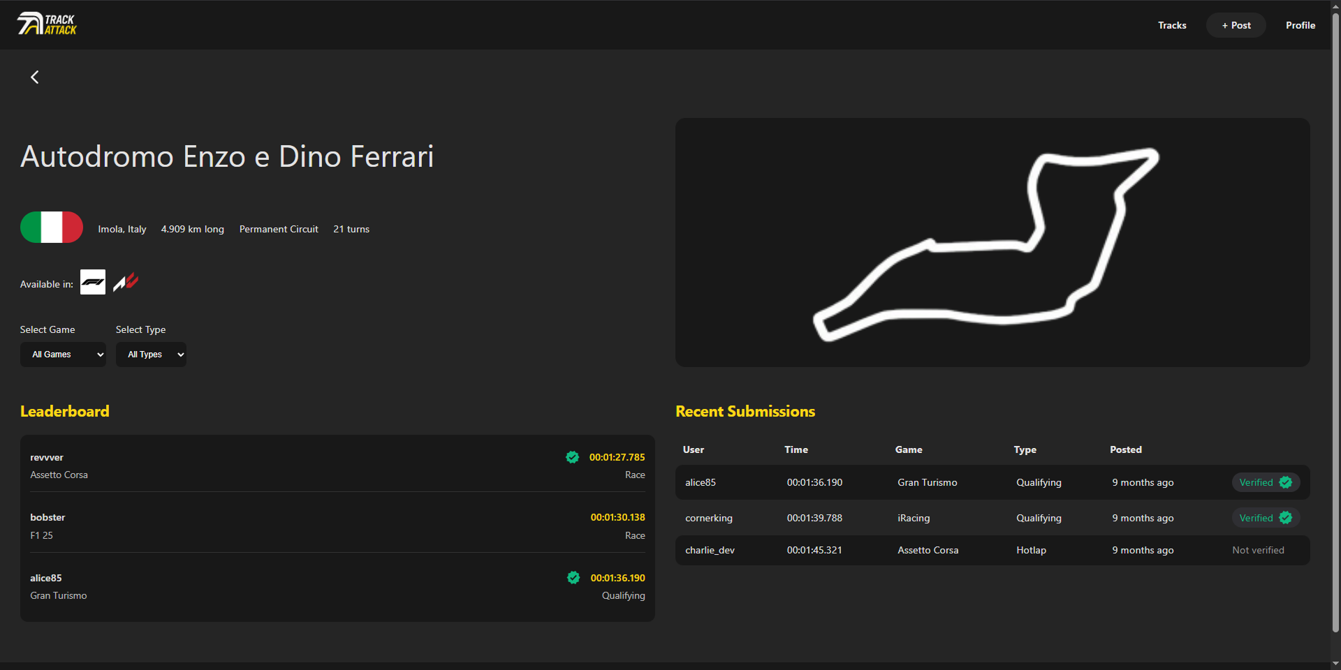 TrackAttack track leaderboard showing ranked lap times with associated cars and drivers